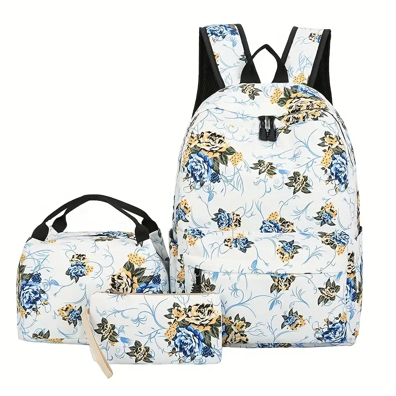 Mochila Floral Vintage, Clássica De Viagem Com Zíper, Compartimento Para Lancheira E Carteira Mão, Branca. Aquaforge