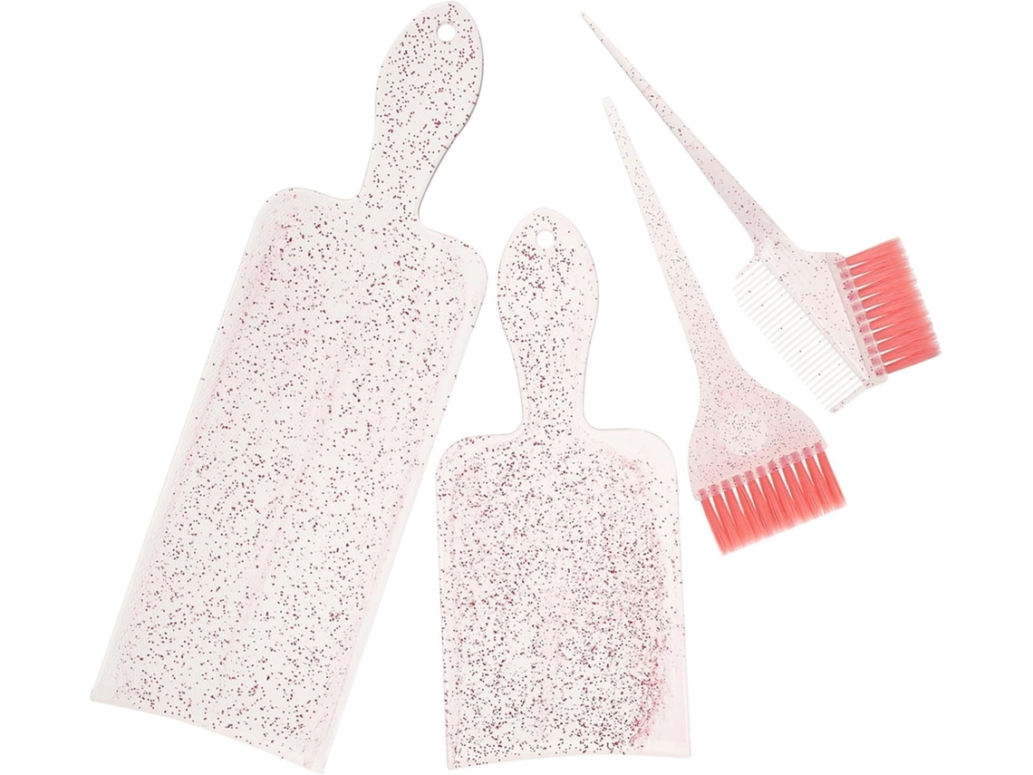 Kit profissional de coloração capilar com pincel de nylon e paleta de ABS rosa.