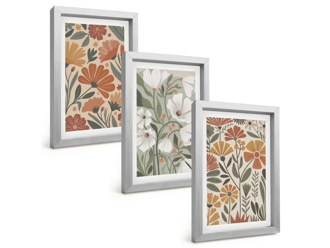 Composição De Quadrospadrões Florais Laranja E Verde Moldura Prateada Imagens Para Um Quarto Infantil Espelharte (3 Peças 20x30 Cm)