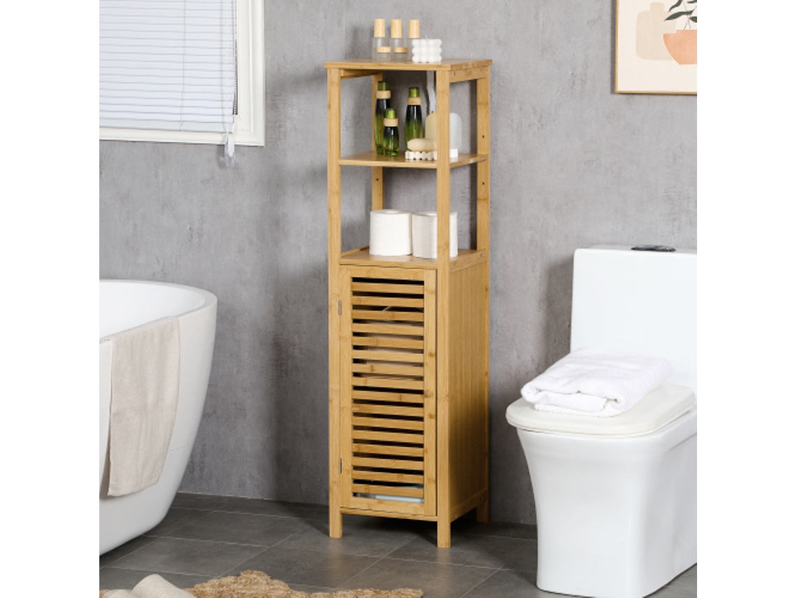 Móvel de banheiro de bambu ajustável em altura com portas e duas prateleiras abertas, 33 x 30 x 120 cm, madeira natural Liptaptyn