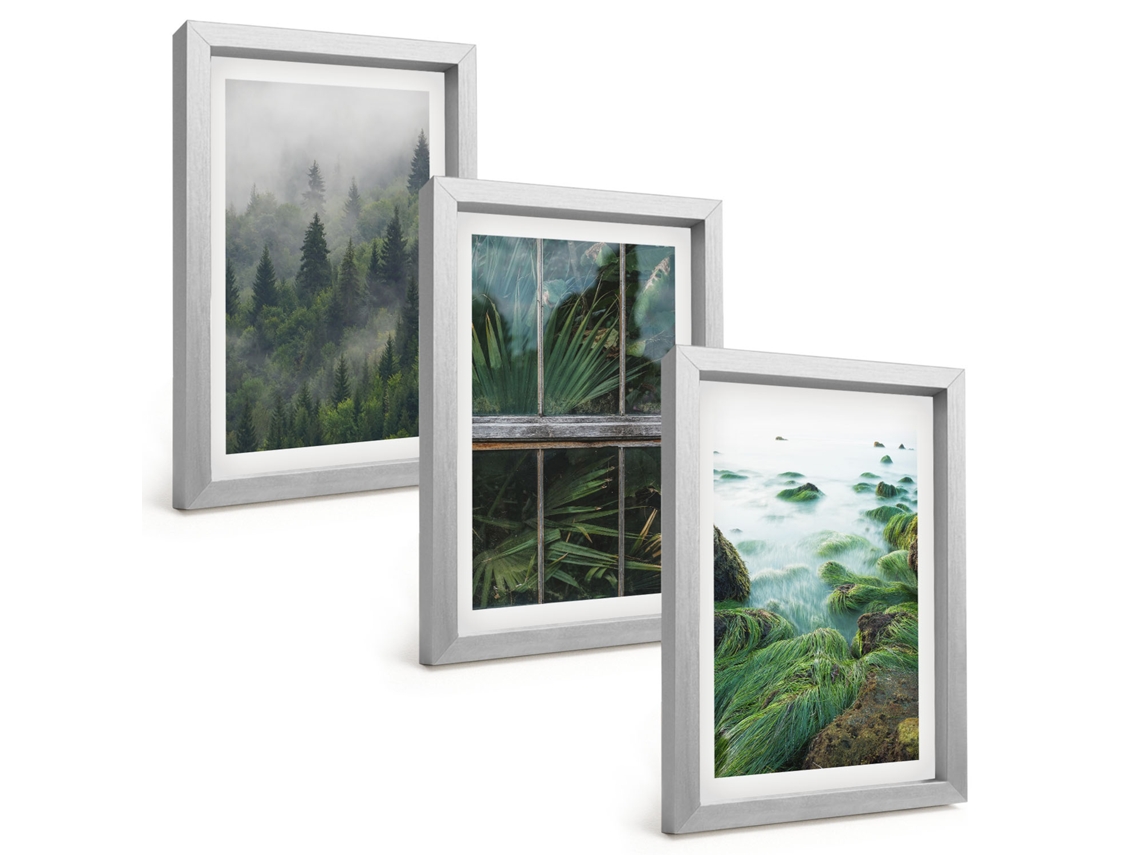 Quadros Decorativos Para Paredefloresta, Neblina, Margem De Rio, Estufa Moldura Prateada Quadros Para O Escritório Espelharte (3 Peças 20x30 Cm)