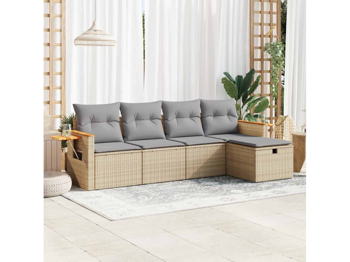 5 Pcs Conjunto De Sofás P/ Jardim Com Almofadões Vime Pe Bege Lovely Home