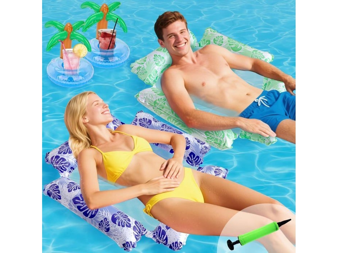 (azul + Verde) Conjunto De 2 Redes Infláveis ​​4 Em 1 Com Cooler Em Formato De Palmeira E Mosquiteiro Para Praia, Piscina E Férias.