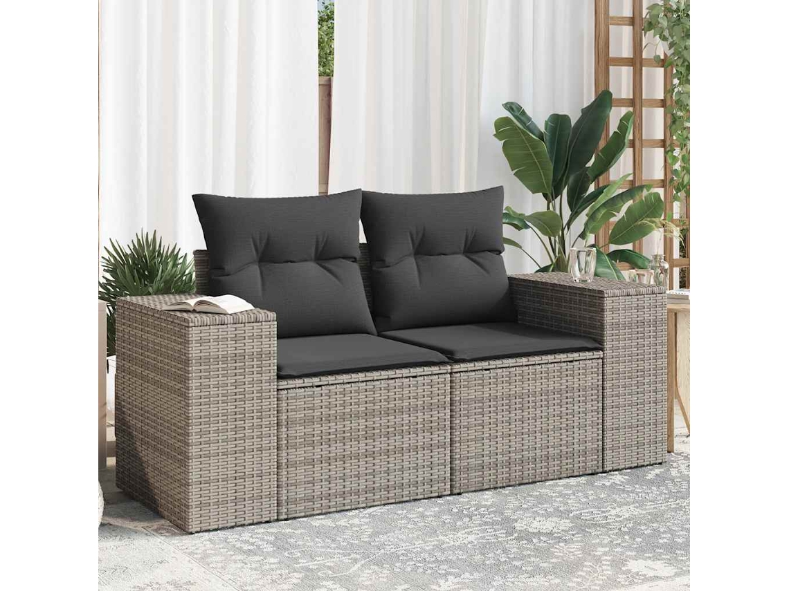 Vidaxl Sofá De Jardim De 2 Lugares Com Almofadões Vime Pe Cinzento