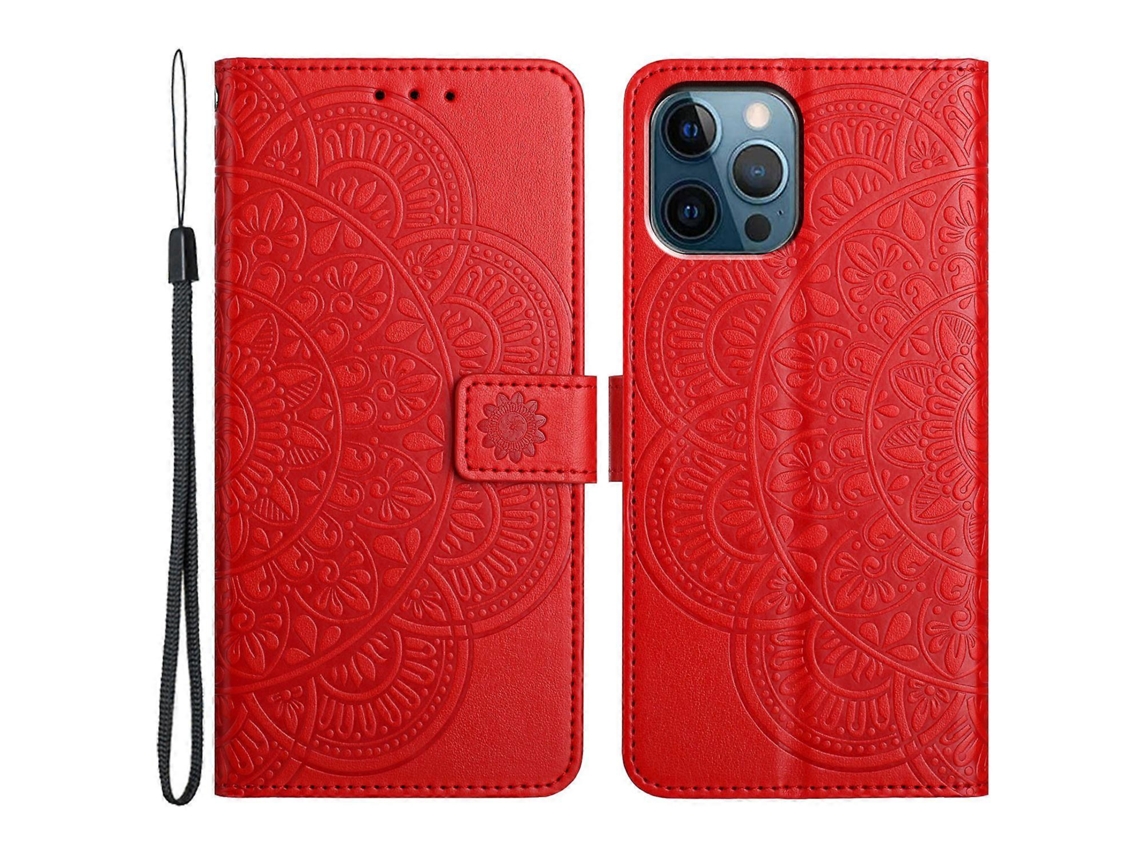 Compre Capa Carteira De Couro Pu Com Estampa De Mandala E Alça Para Iphone 16 Pro Max, Vermelha