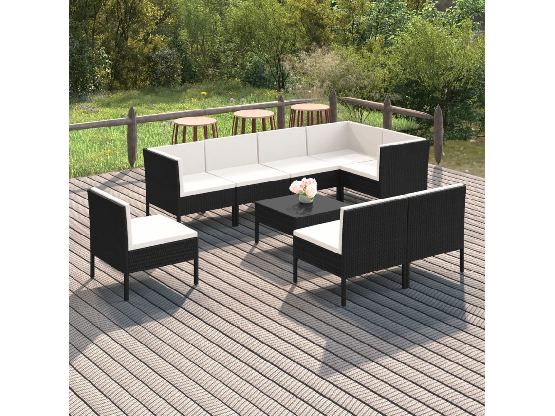 9 Pcs Conjunto Lounge De Jardim C/ Almofadões Vime Pe Preto Dkd Home Decor