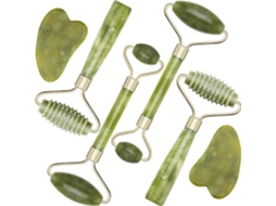Kit de Rodillos Faciales de Jade com 2 Ferramentas de Gua Sha para Reduzir Olheiras, Rugas e Flacidez no Rosto, Olhos e Corpo