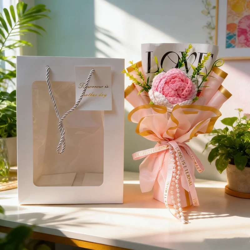 Buquê De Rosas Artificiais De Crochê Com Bolsa - Um Presente Criativo Para O Dia Dos Namorados.