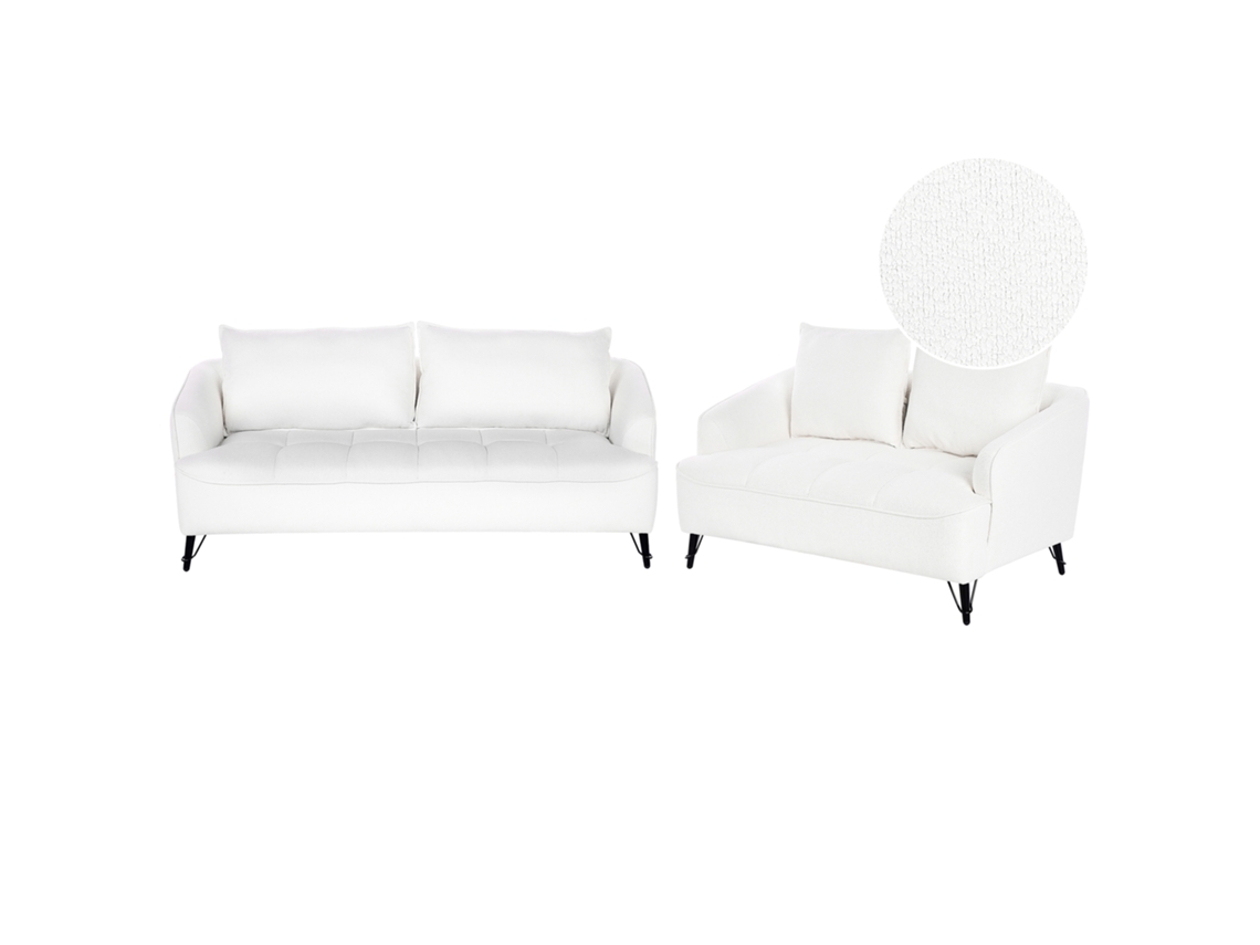 Conjunto De Sala De Estar Beliani Hobro De Bouclé Blanco 196x85x87