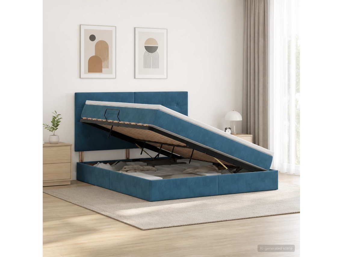 Vidaxl Cama Com Arrumação E Colchão Azul Escuro 180 X 200 Cm Veludo