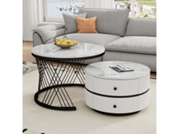 Conjunto De 2 Mesas Empilháveis 2 Gavetas Tampo Com Padrão De Mármore Branco E Preto Estilo