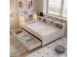 Cama Painel Branca 90x200cm, Cabeceira C/ Compartimento, 2 Luzes, Tomada, Gavetas. -op