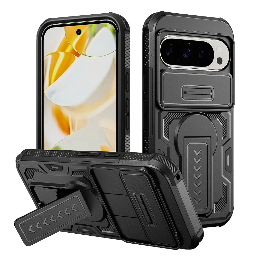 (preto, Google Pixel 9) À Prova De Choque Resistente Antiderrapante Pc Phone Case, Suporte Dobrável, Capa De Proteção Anti-queda