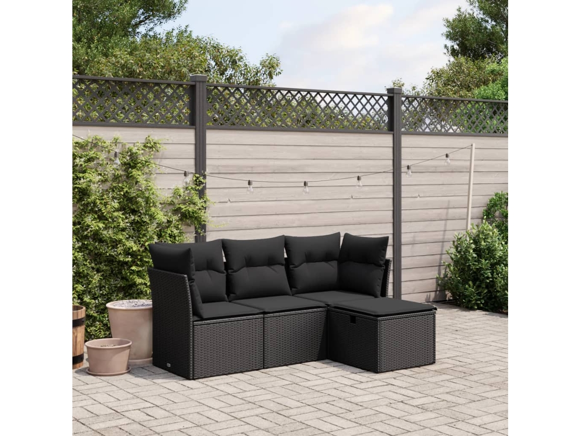 Conjunto de sofá de jardim de 4 peças com almofadas Vime Pe preto Lovely Home