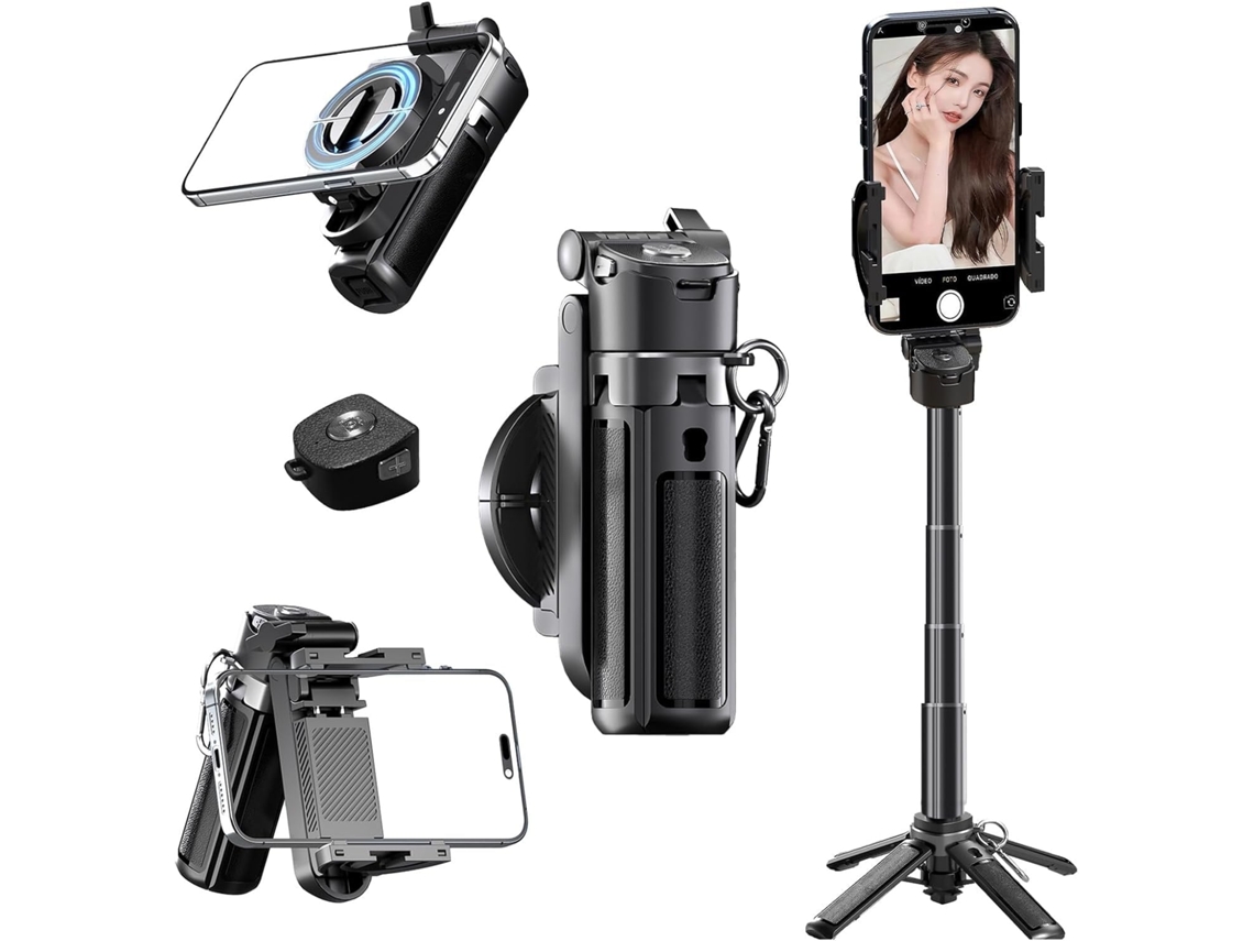 Tripé Magnético 2 em 1 para Celular com Zoom, Mini Bastão de Selfie Extensível Portátil com Controle Remoto JIAPEI (preto)