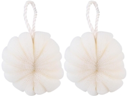 Conjunto de 2 bolas de banho esfoliantes, esponja PE em formato de pétala com cordão para fixação.