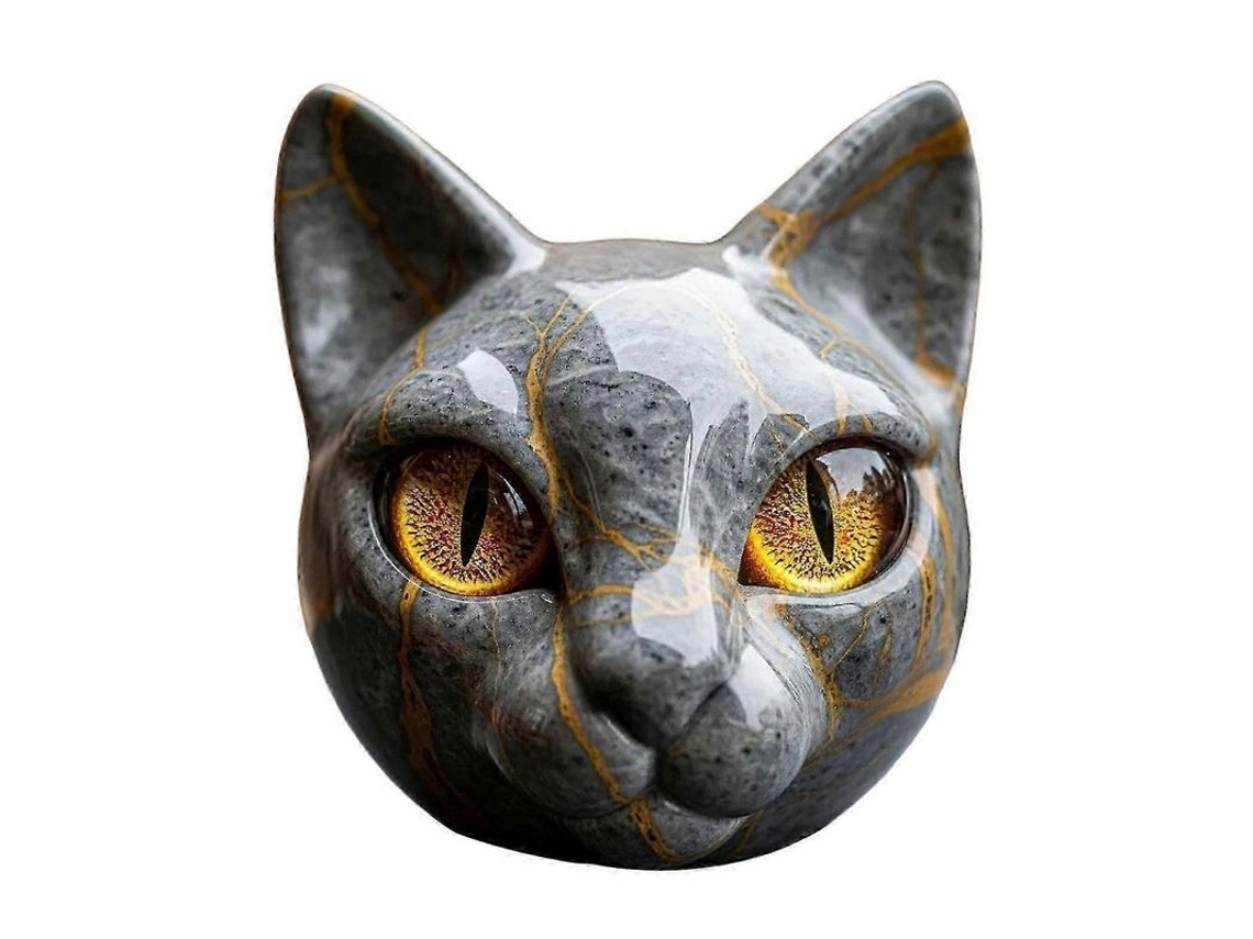 Escultura de Gato em Resina Nova LINE com Textura de Mármore e Olhos Âmbar, Presente para Amantes de Gatos Cinza