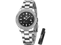 Lurelia Relógio Feminino, Movimento De Quartzo, Data/calendário, Luminoso, Detalhes Com Strass, Aço Inoxidável, Abs, Preto