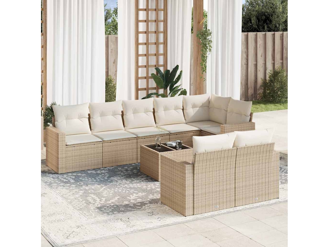 Vidaxl 9 Pcs Conjunto De Sofás P/ Jardim Com Almofadões Vime Pe Bege
