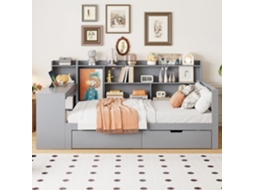 Sofá-cama De Madeira Maciça 90x200 Cm Cinza Com Mesa, Prateleiras E Tomadas Multifuncionais