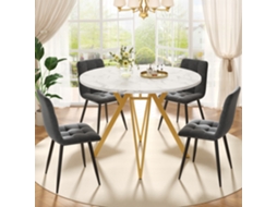 Conjunto Jantar 5pç, Mesa Redonda 100cm Mármore + 4 Cadeiras Cinza, Pernas Douradas.-qq