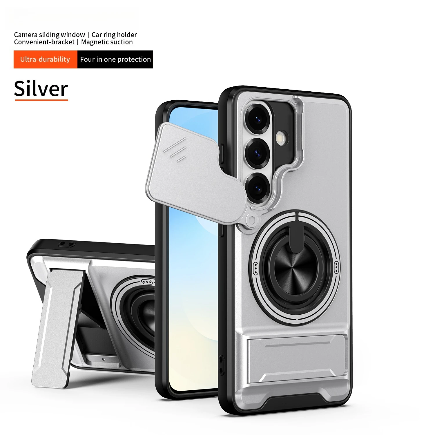 Capa Para Celular Com Suporte Magnético Giratório De 360° Para Galaxy A34 5g (prateada) E Deslizador De Lente.