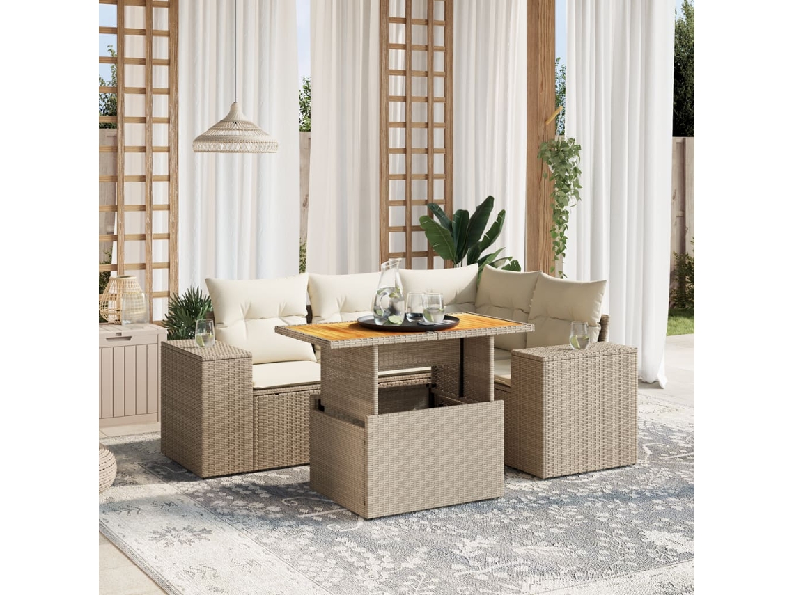 Vidaxl 5 Pcs Conjunto De Sofás P/ Jardim Com Almofadões Vime Pe Bege