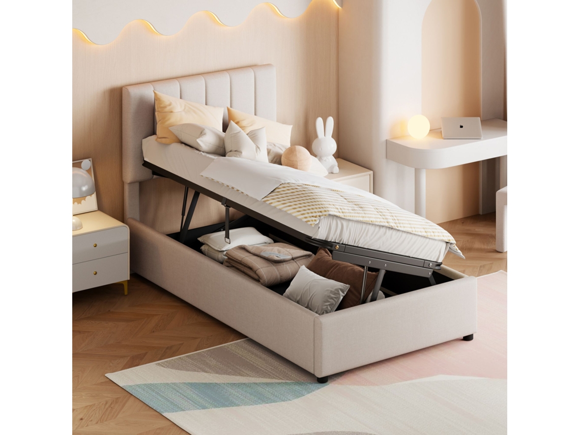 Cama Infantil 90x200 Cm, Cama Solteiro Estofada Com Baú Hidráulico E Arrumação, Linho, Bege, Sem Colchão