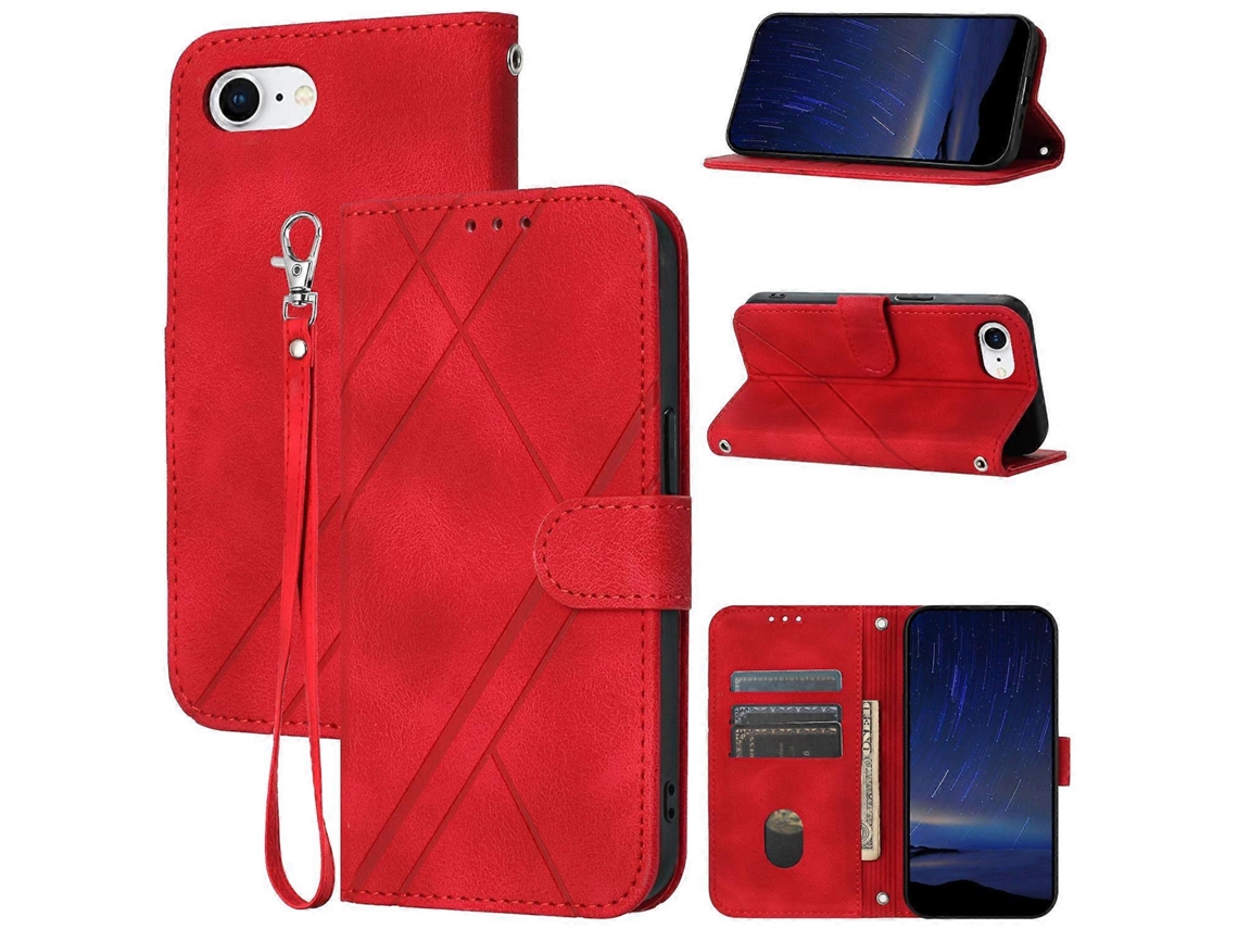 Capa De Couro Com Estampa De Linhas Para Iphone 16e E Alça Prática - Vermelha