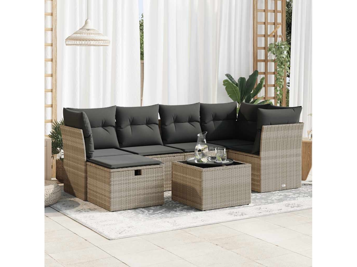 Vidaxl 7 Pcs Conj. Sofás Jardim Com Almofadões Vime Pe Cinzento-claro