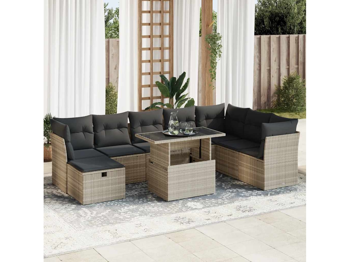 Vidaxl 9 Pcs Conj. Sofás Jardim Com Almofadões Vime Pe Cinzento-claro