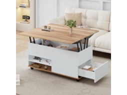 Mesa Centro Ajustável 100x98x65cm, Armazenamento Oculto, Rodízios, Gavetas, Branca+madeira. -hw