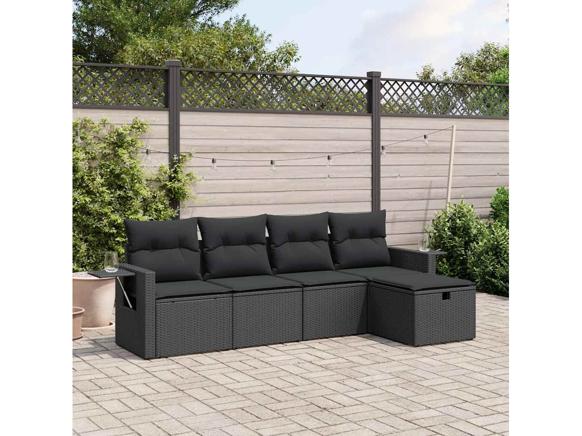 Vidaxl 5 Pcs Conjunto Sofás De Jardim Com Almofadões Vime Pe Preto