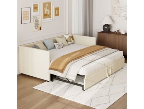 Sofá Cama Extensível 90/180x200 Cm Com Estrado De Ripas, Cama Estofada, Tecido De Veludo, Bege Rosahqnda