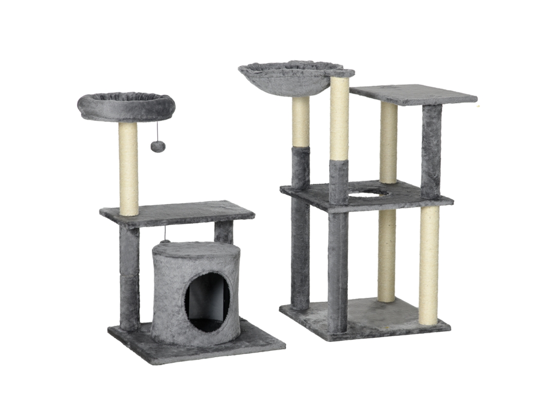 Arranhador Grande 144 Cm Torre Com Poste De De Sisal Cama Caverna Plataformas E Bolas Suspensas 49x49x144 Cinza