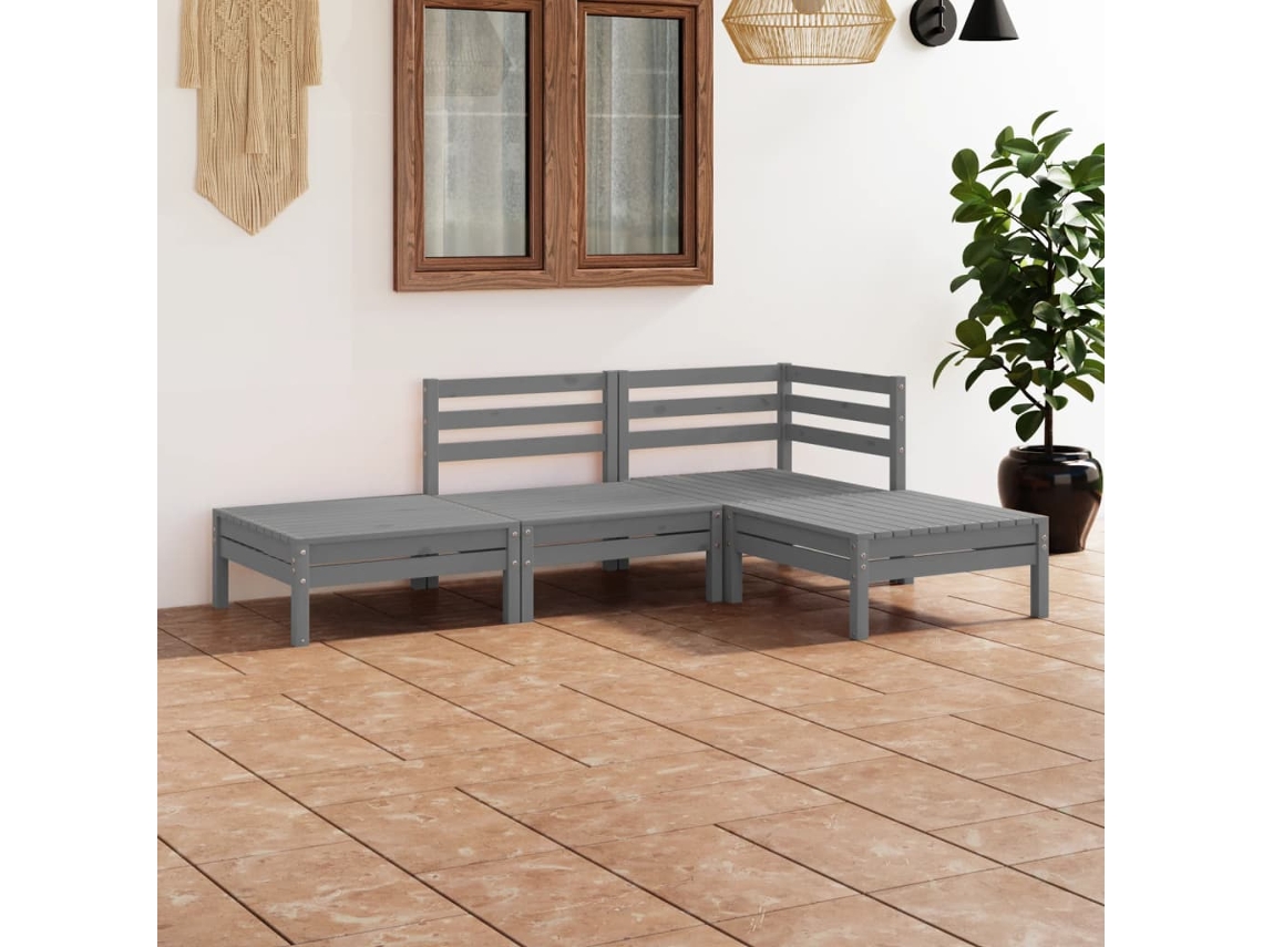 Conjunto 4 Peças Lounge De Jardim Pinho Maciço Cinzento Dkd Home Decor