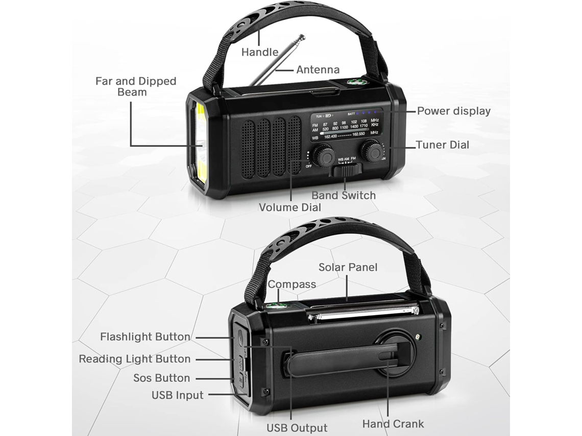 Rádio de Emergência Am/fm com Manivela e Energia Solar de 10000mah com Lanterna Led, Preto AQUAFORGE