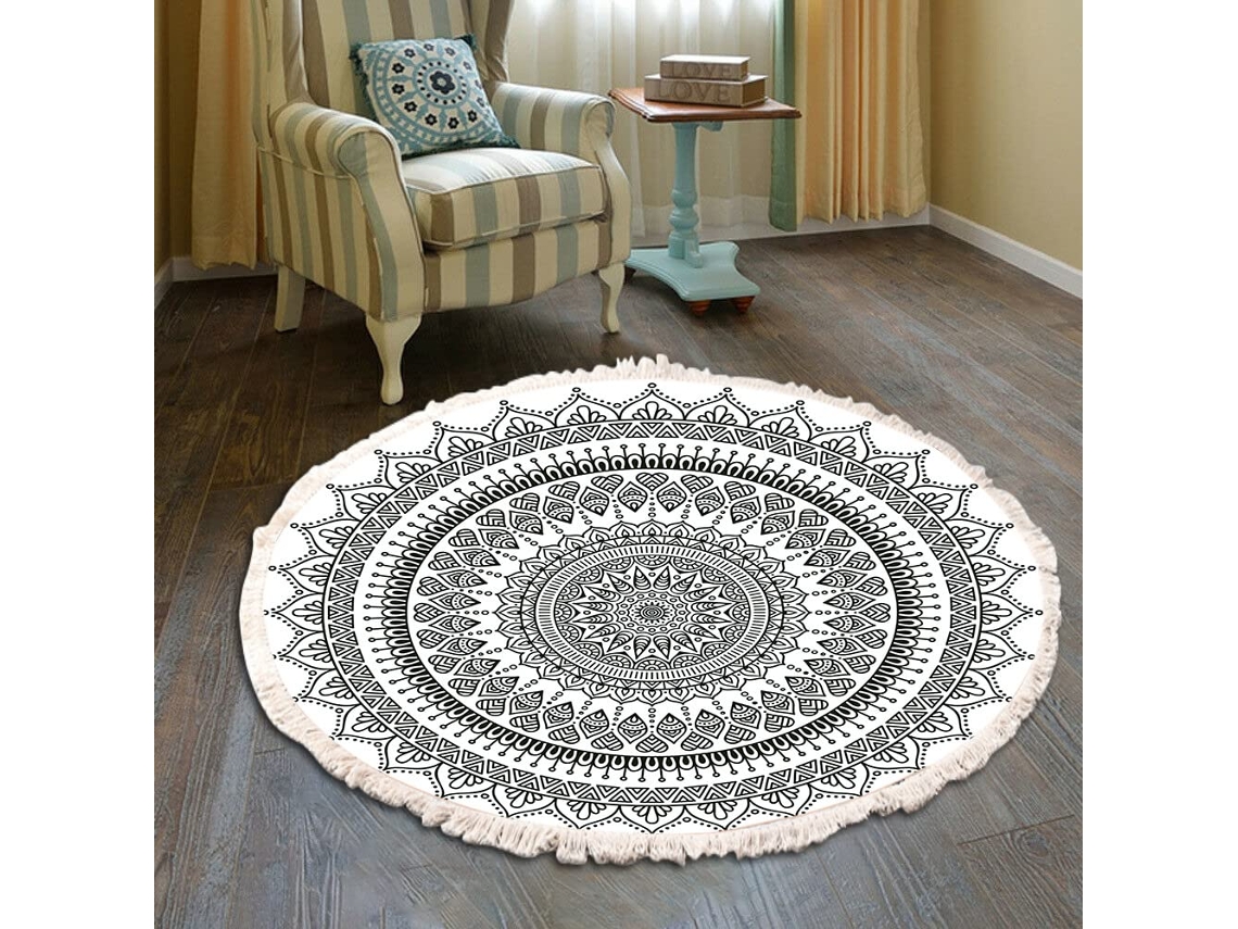 Tapete Ehstmind Redondo Mão Padrão Mandala Boho Borlas Lavável Máquina Multicor (100x50x50cm)