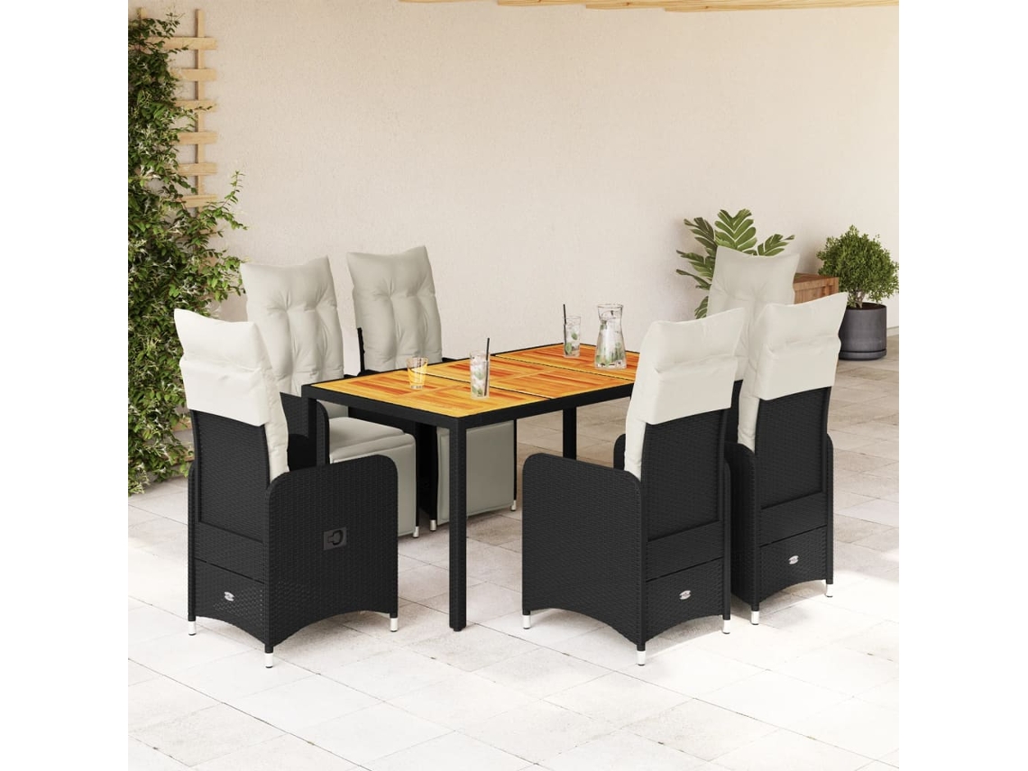 7 Pcs Conjunto De Bistrô P/ Jardim C/ Almofadões Vime Pe Preto Dkd Home Decor