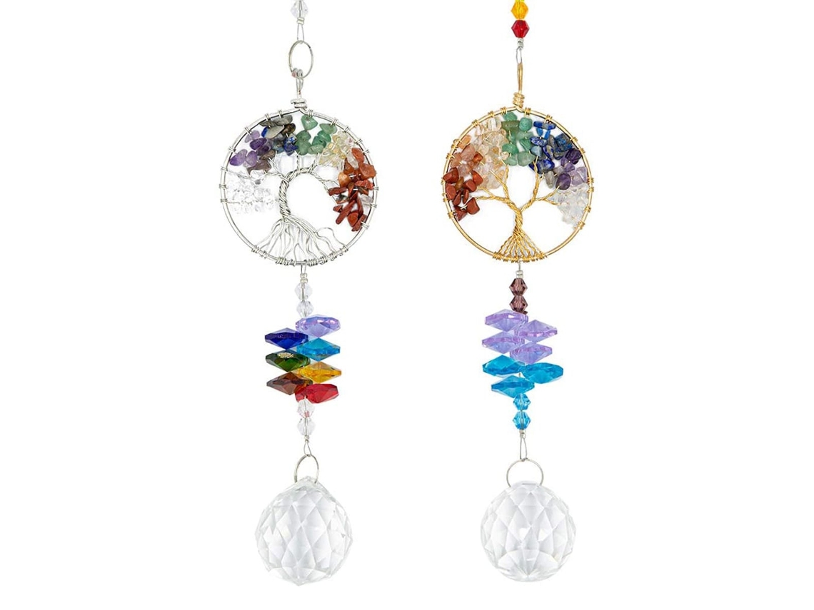Conjunto de 2 Enfeites Cristal para Pendurar, em Formato de Árvore da Vida, de Metal Colorido BRILVIBERA
