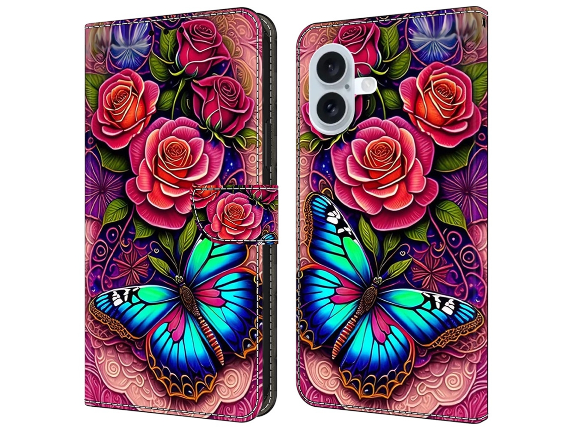 Capa Em Couro Pu Com Suporte Para Apple Iphone 16 Plus - Borboleta Colorida