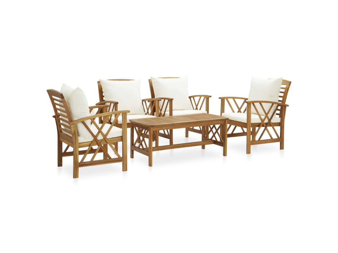 Conjunto 5 Peças Garden Lounge Com Almofadões Acácia Maciça Dkd Home Decor