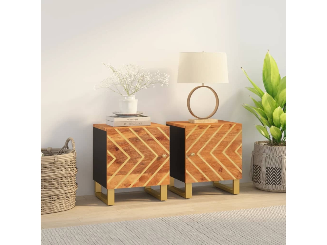 Vidaxl Mesas De Cabeceira 2 Pcs Mangueira Maciça Castanho E Preto