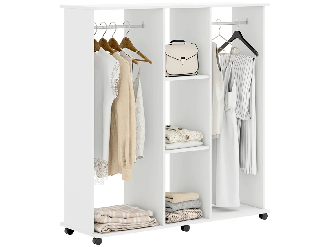 Loja Guarda roupa, Unidade Móvel de Armazenamento de 6 Rodas, 120 X 40 X 128 Cm, em Madeira Branca Envio Rápido