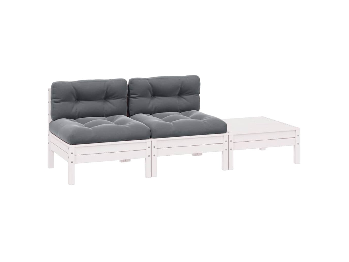 Vidaxl 3 Pcs Conjunto Lounge Jardim C/ Almofadões Pinho Maciço Branco