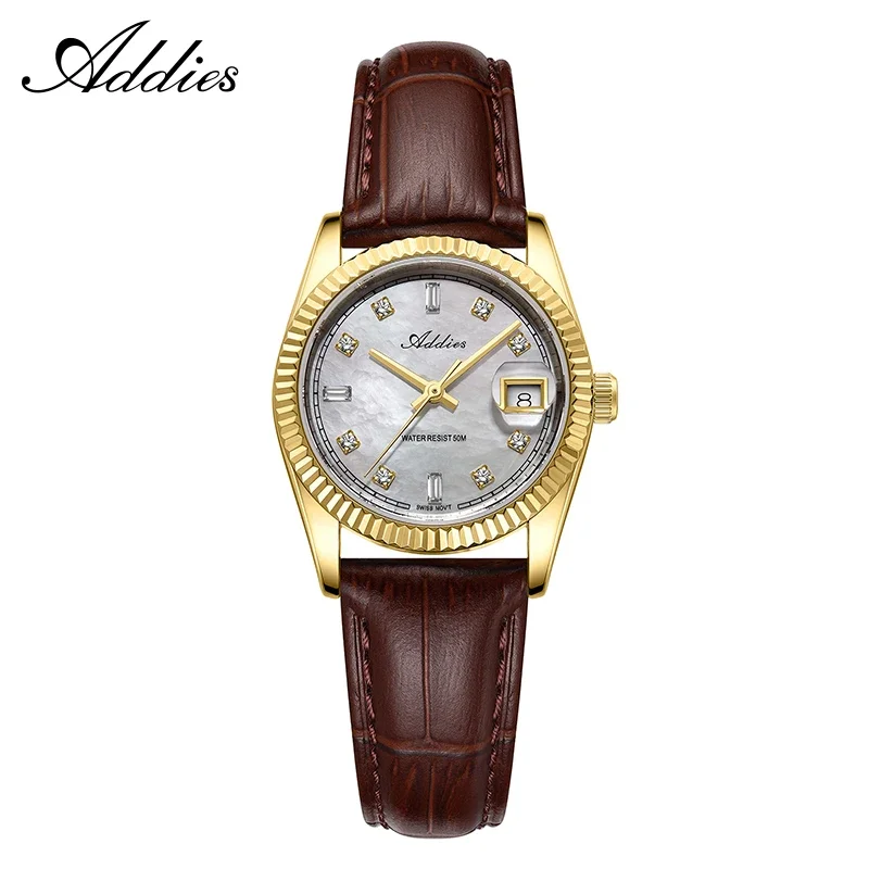 Relógio Feminino De Quartzo De 28 Mm (com Pulseira De Couro Dourada) E Vidro De Cristal De Safira.