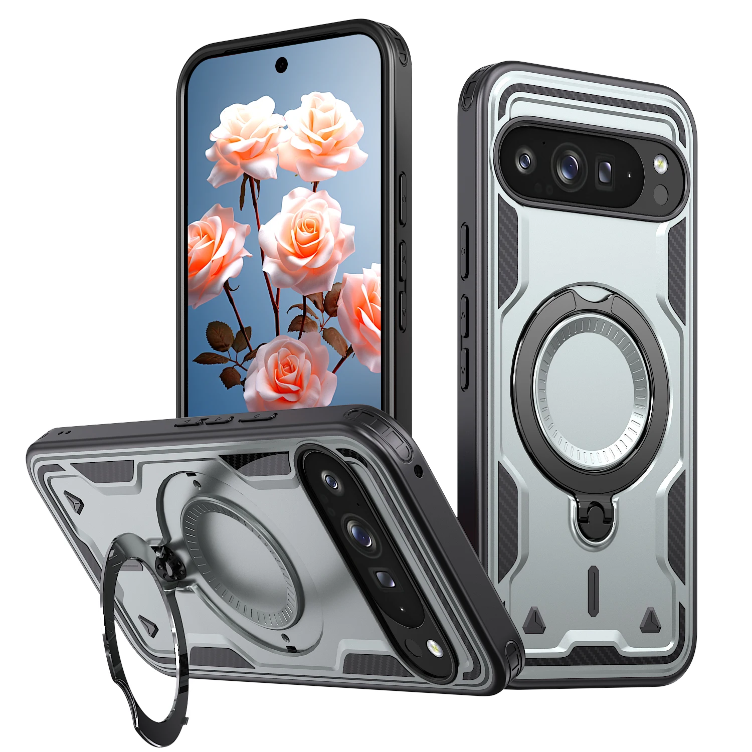 (cinza, Google Pixel 10 Pro Xl) Capa Antichoque Com Suporte Veicular E Apoio (kickstand) Giratório De 360°