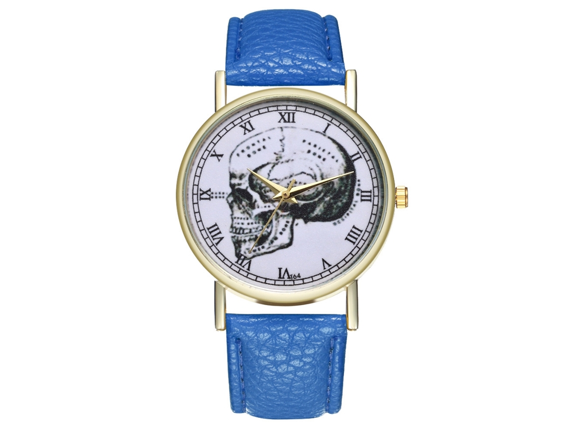 Relógio de quartzo unissex com pulseira de couro PU, estampa de caveira e numerais romanos (azul royal)