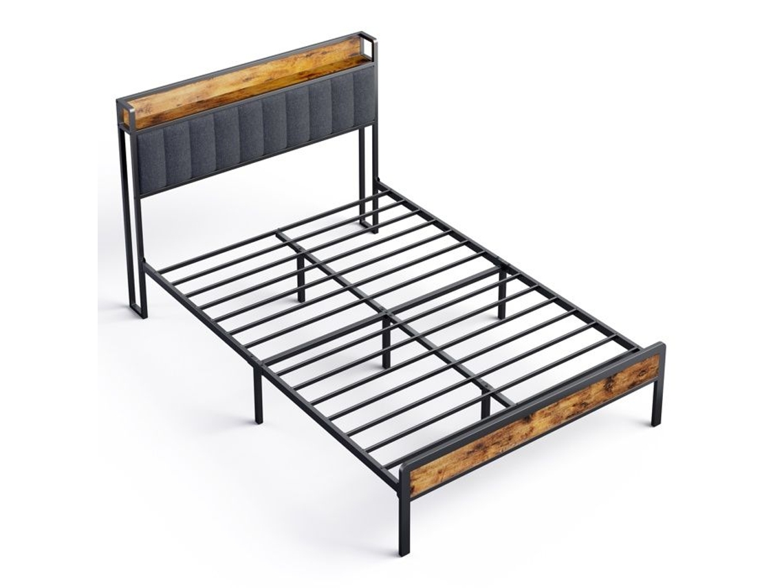 Estrutura De Cama - Bealife - Cama 140x200 Cm - Cabeceira Estofada Com Armazenamento - Estrado De Ripas De Metal - Pé 37,5 Cm - Cinza Escuro