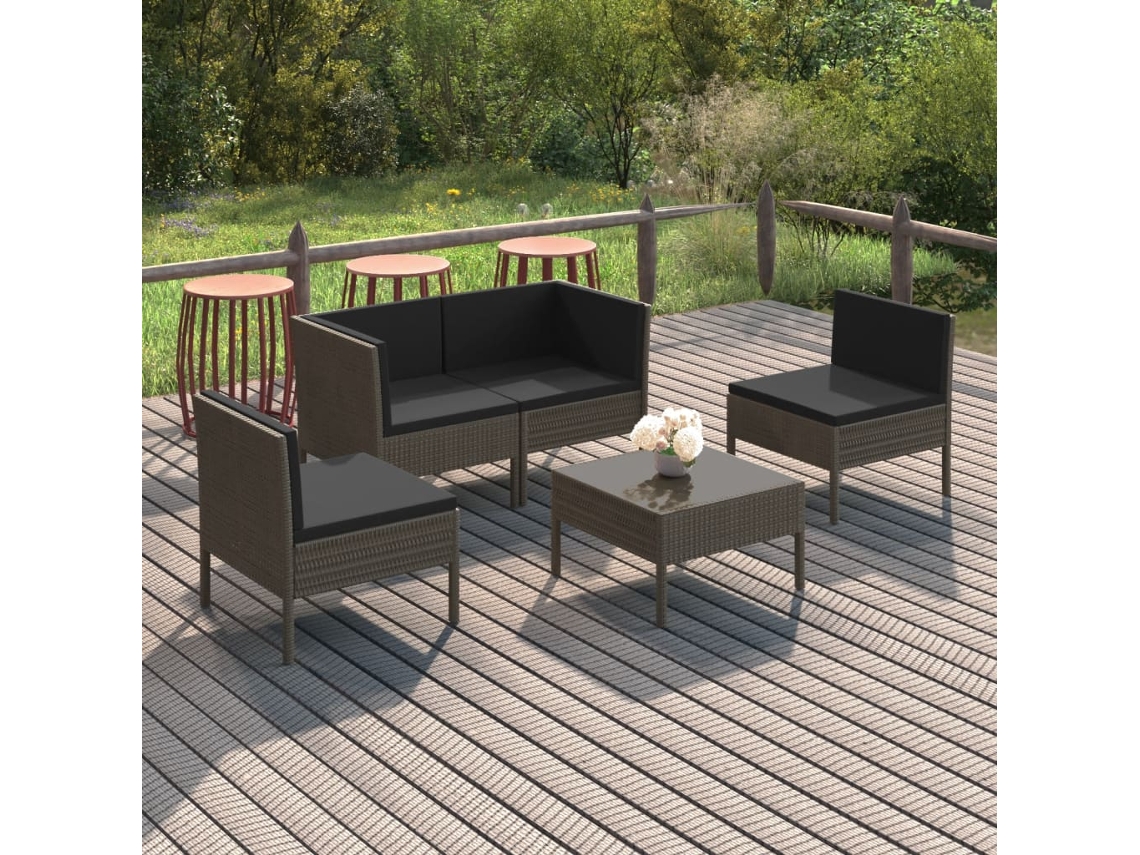 5 Pcs Conjunto Lounge De Jardim C/ Almofadões Vime Pe Cinza Dkd Home Decor